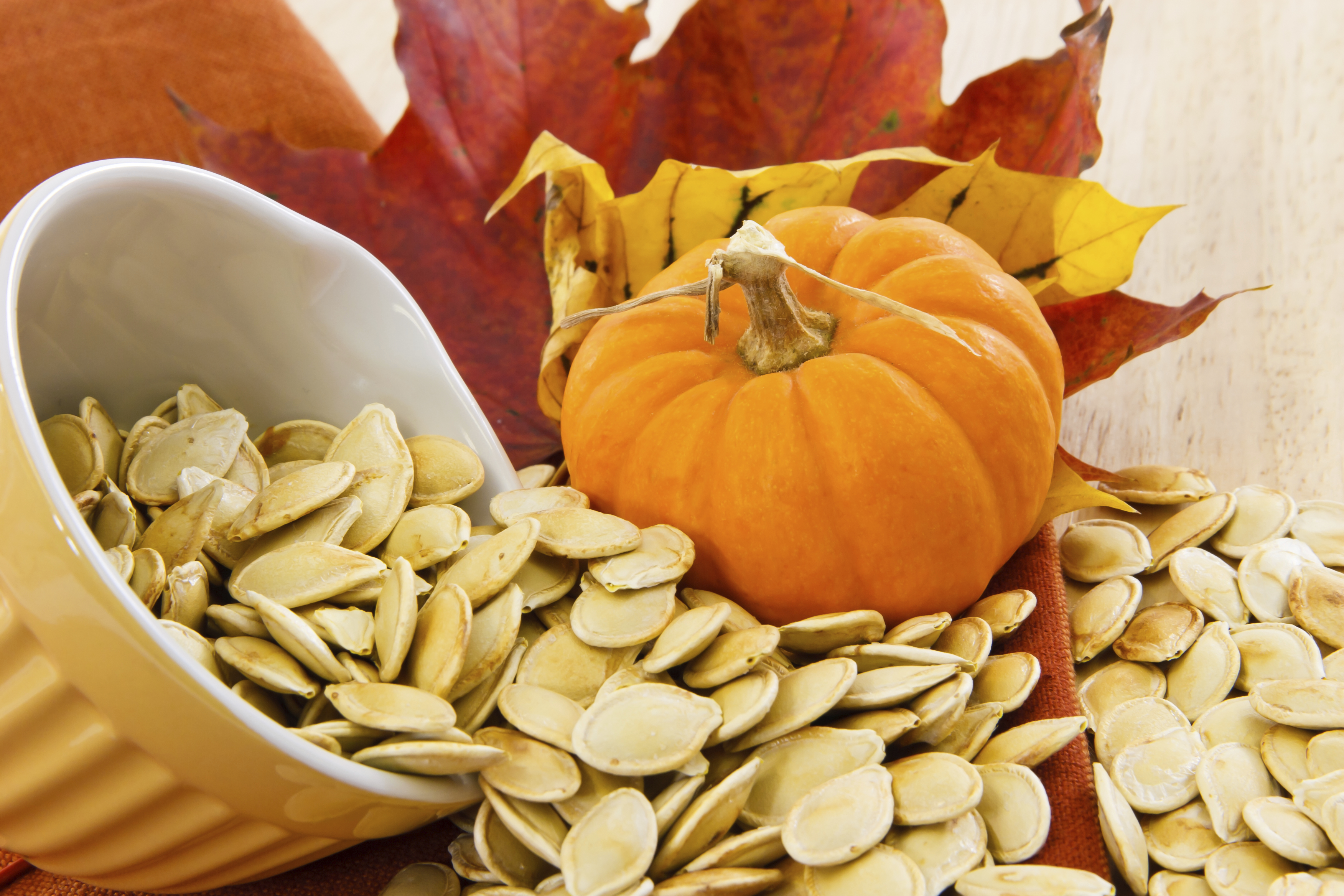 Small pumpkin with pumpkin seeds spilling out of bowl